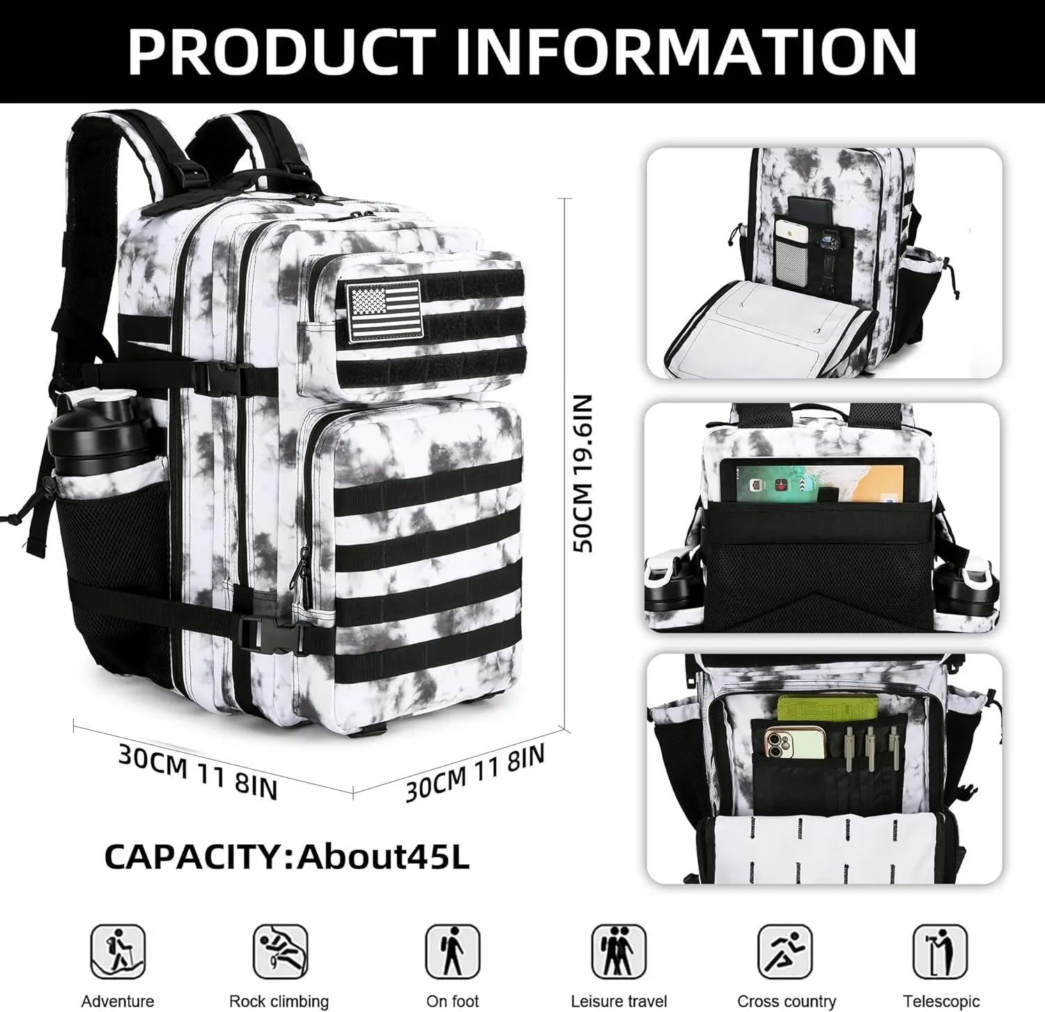 45L Tactical Backpack 3P Bag with Water Bottle Pocket Outdoor Hiking Pack Waterproof Climbing Rucksack Camping Trekking Mochila