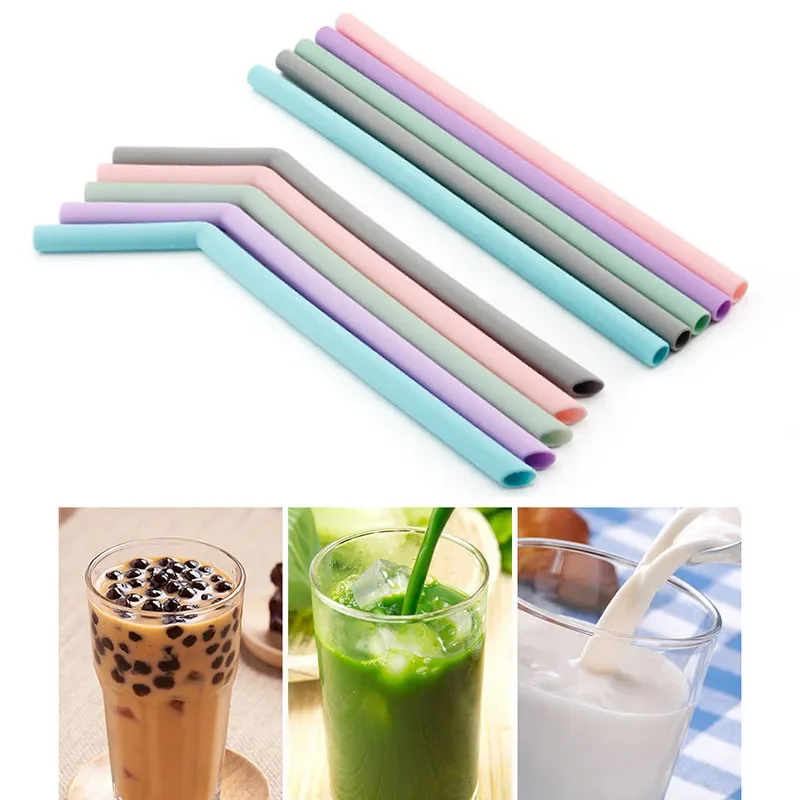 Kitchen Accessory Reusable Silicone Drinking Straws Foldable Flexible Straw with Cleaning Brushes Kids\' Party Supplies Bar Tools