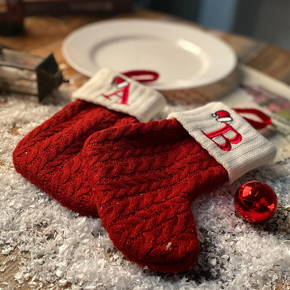 

Knitted Embroidered Alphabets Xmas Present Bag Versatile Stocking Reusable Present Bag Family Gathering