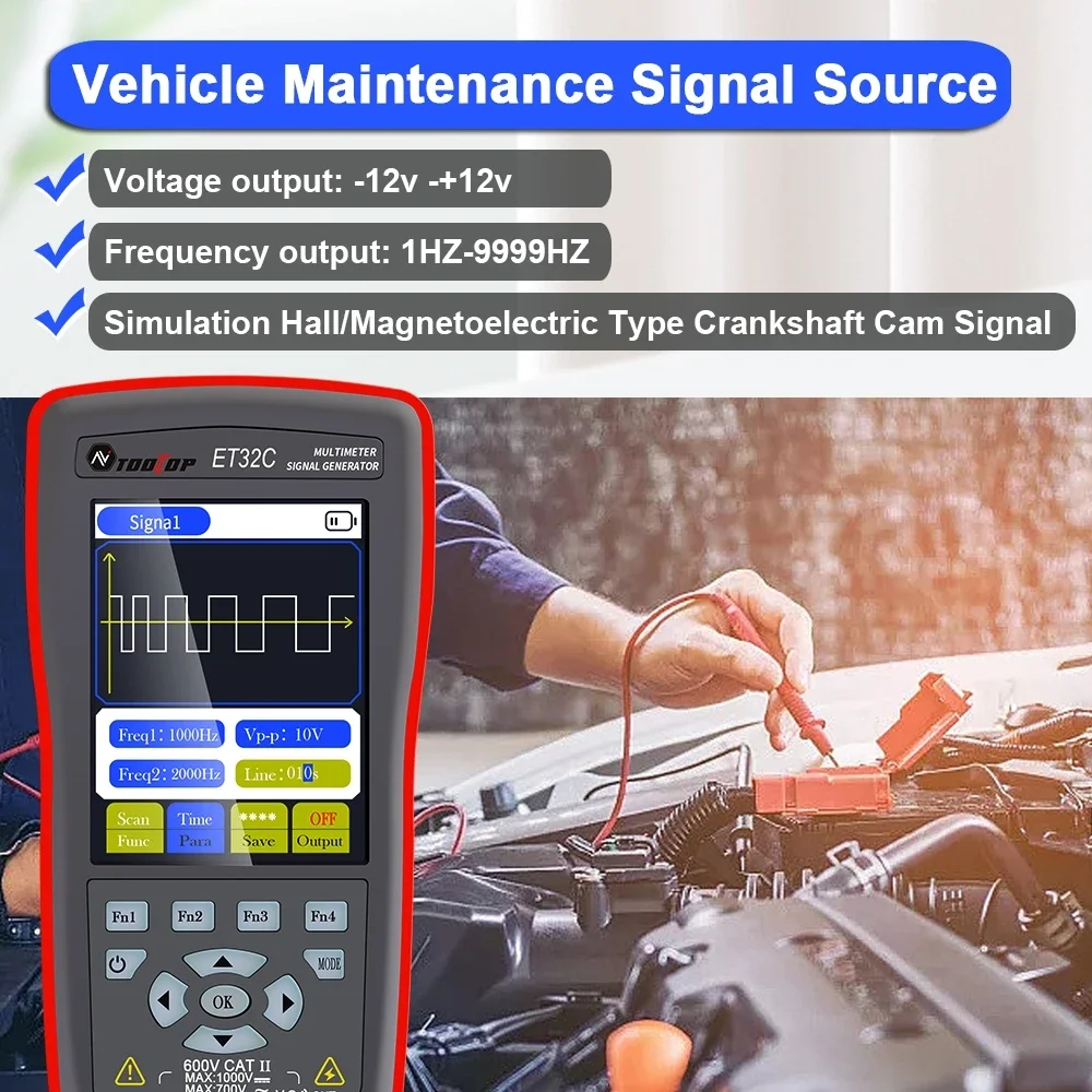 TOOLTOP ET32C Automotive Signal Generator Multimeter Car Signal Simulator Duty Voltage Hz Ohm Capacitor Ignition Coil Test