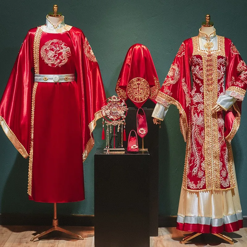 A new style of traditional Chinese wedding dress with heavy beaded embroidery featuring phoenix crown and rosy glow