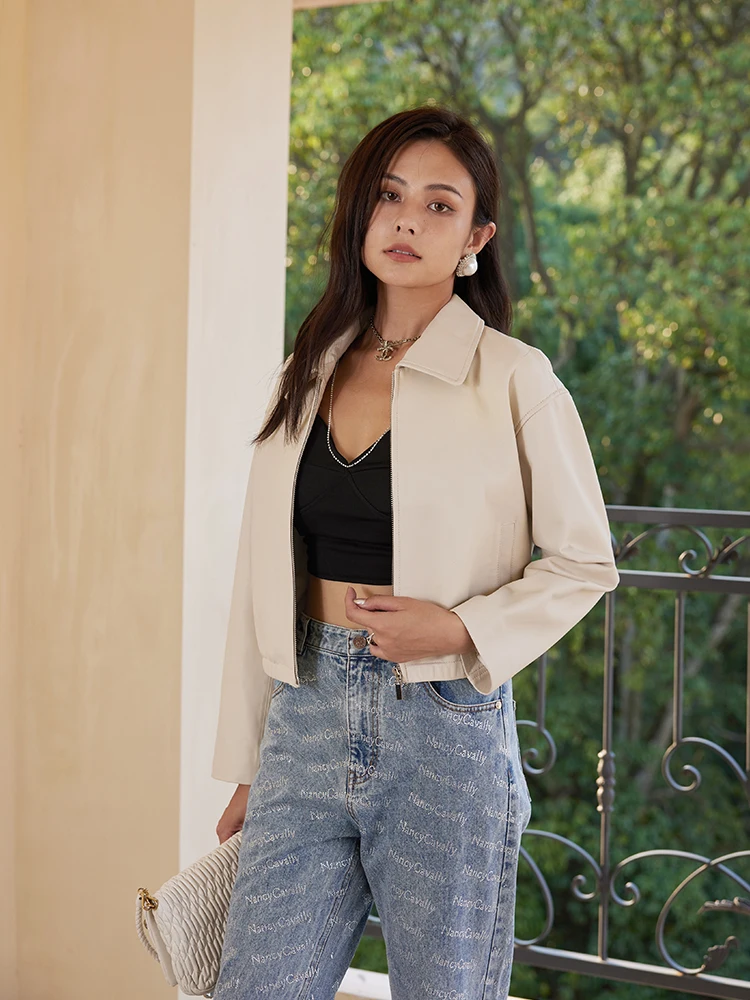 Muralnern Giacca da donna in vera pelle di pecora con colletto quadrato, vestibilità ampia, maniche lunghe, stile casual