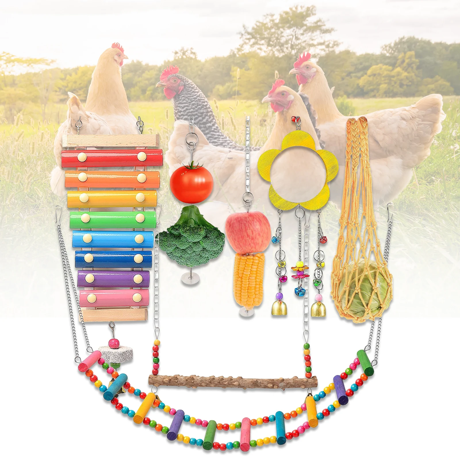 

7PCS Chewing Foraging Toy with Wooden Hanging Feeder Parrot Playing Training Toys Chicken Toy Set Rooster Hen Chick Toys