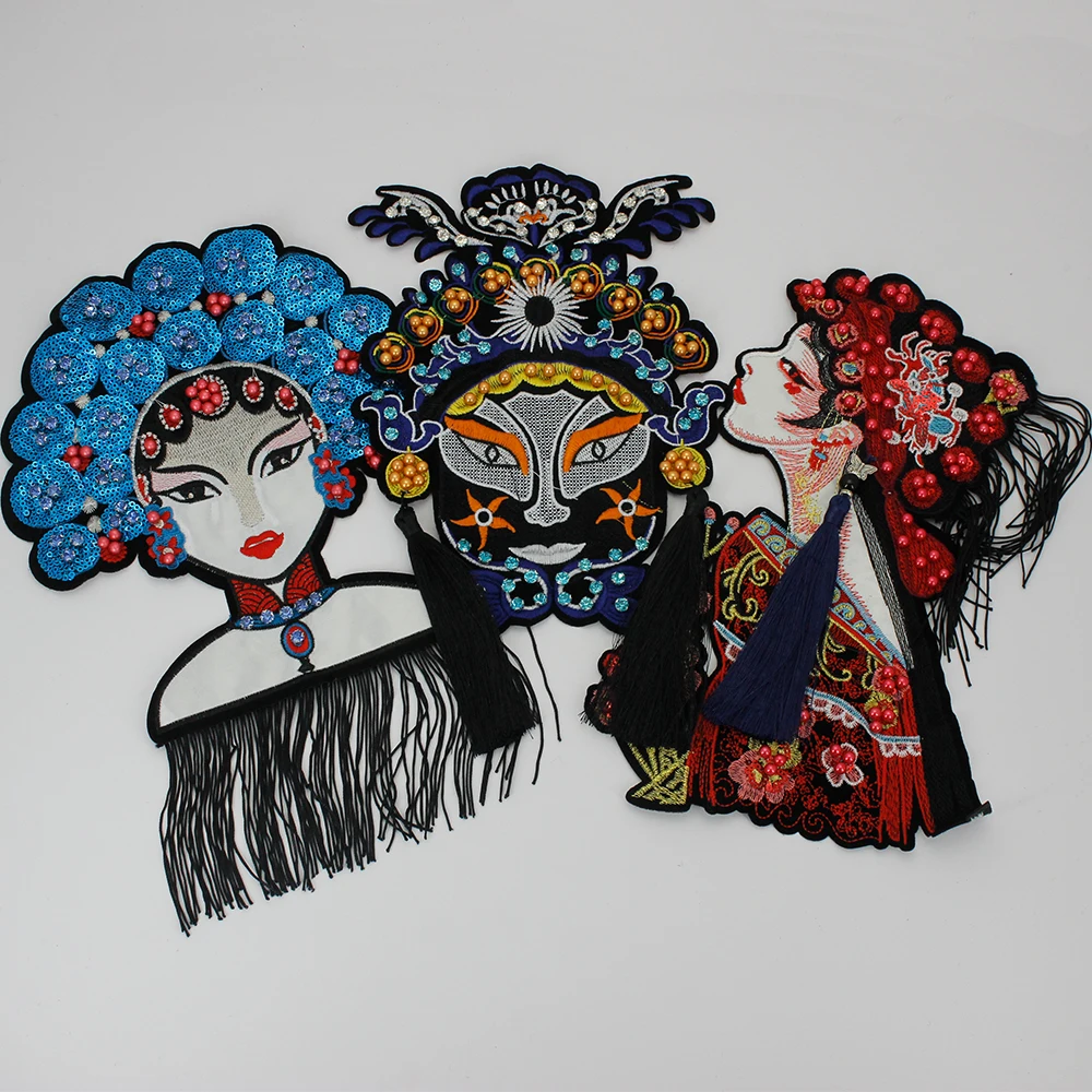 Bead Sequined Peking Opera Patch Embroidery Chinese Style Badge Beauty Girl Clothing Sewing Accessories