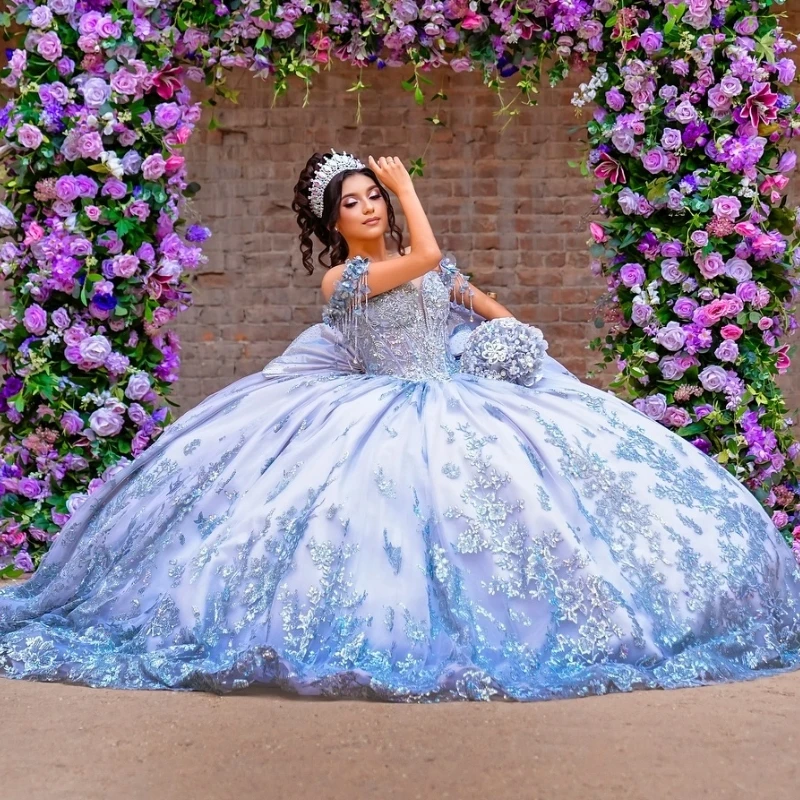 Robes de Quinceanera personnalisées bleu clair, robe de Rhà sequins, appliques de perles en dentelle, nœud en tissu, robe Sweet 16, robe éducative 15