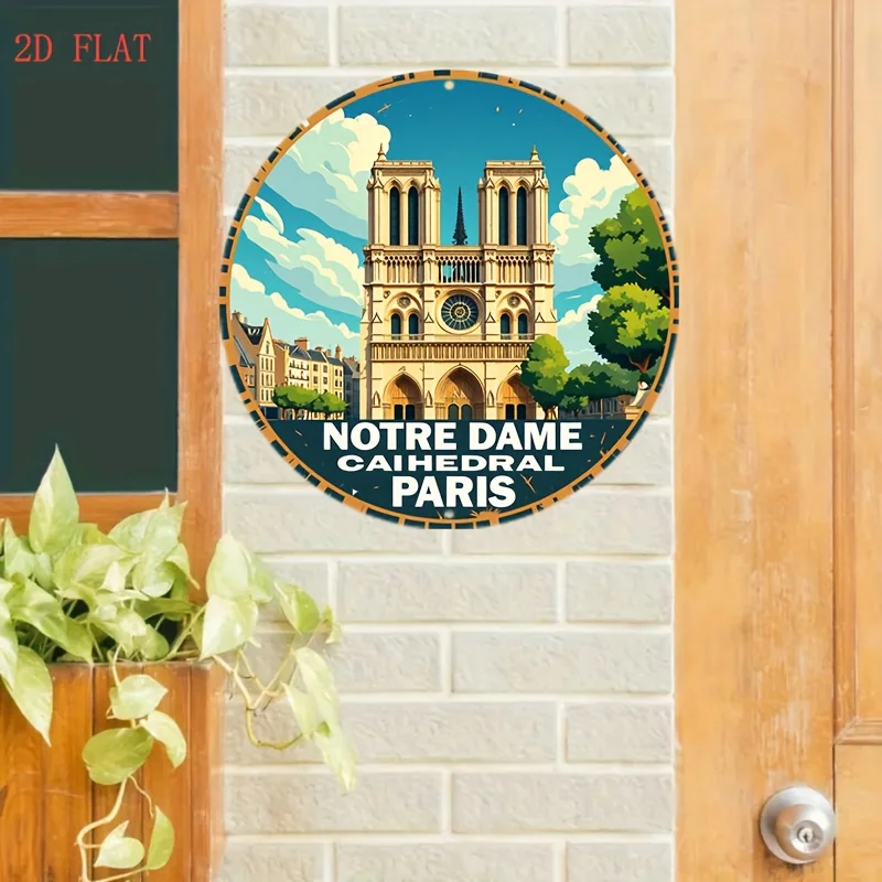 2D Flat, 1pc 2D Flat Printing Metal Iron Sign 7.87x7.87inch, [2D Flat] Round Sign Featuring Notre Dame Cathedral in Paris, Desig