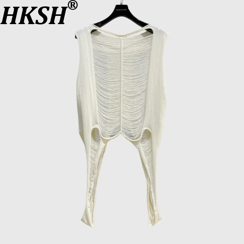 

HKSH 2026 Summer New Women Tank Top Hollow Out Irregular Design Solid Color Ripped Sheer Sexy Chic Ins Knitted Thin Vest HK17621