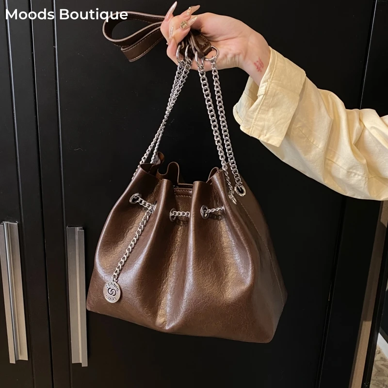 

MOODS Pleated Design Bucket Shoulder Bag Set For Women 2-IN-1 Chain Hobo Bag Casual Street Large Capacity Shopping Totes Female