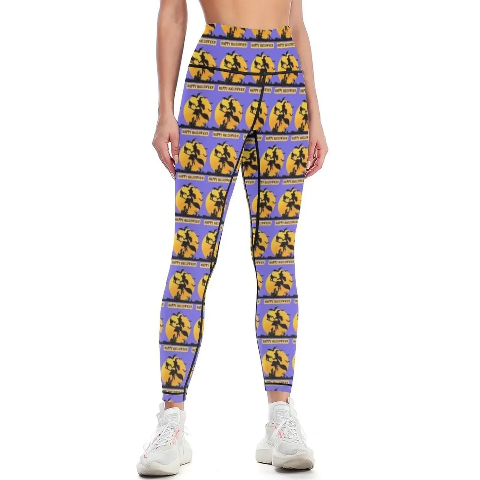 

Happy Halloween Witch Riding Her Broom and Bewitching Her Cat Leggings Female legging pants trousers Womens Leggings