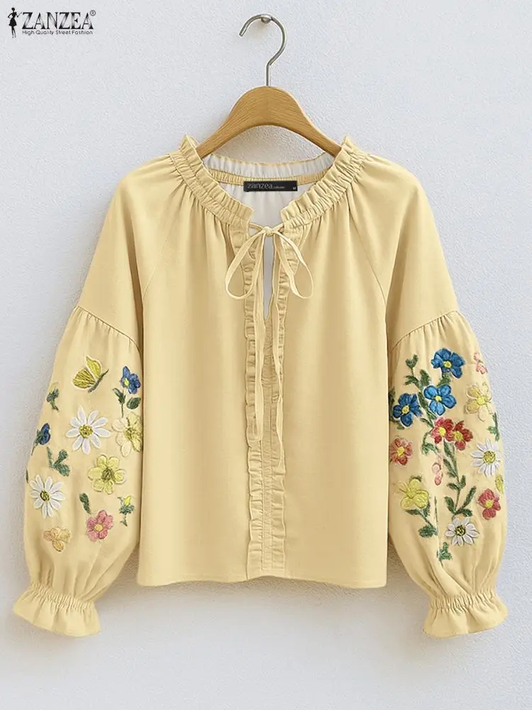 

ZANZEA Elegant Ruffles Trim Women Blouses Fashion O-Neck Lace-Up Floral Printing Long Sleeve Tunic Tops Fall 2025 Woman Clothes