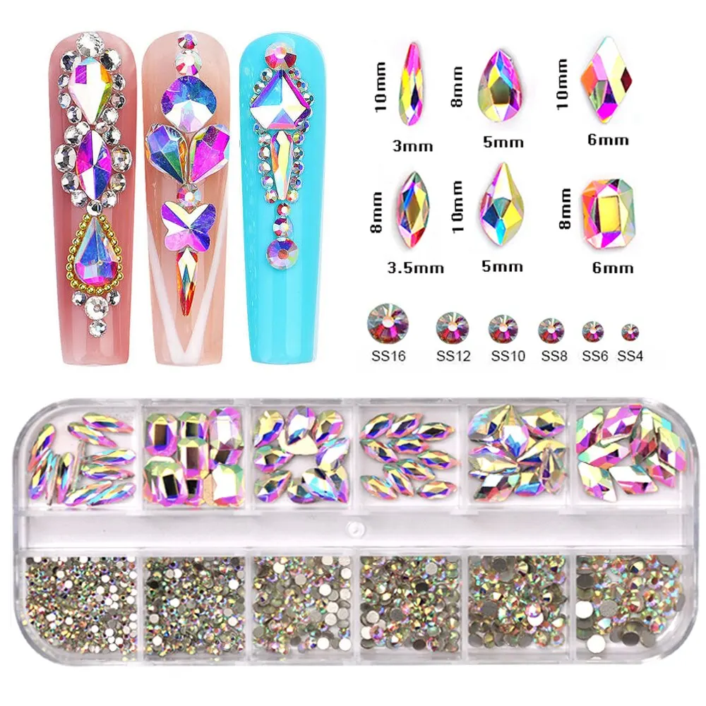 

12 Grids Crystal AB Nail Charms Rhinestones Flatback Mix Shapes 3D Glitter Nail Art Decorations Diamond for Manicure