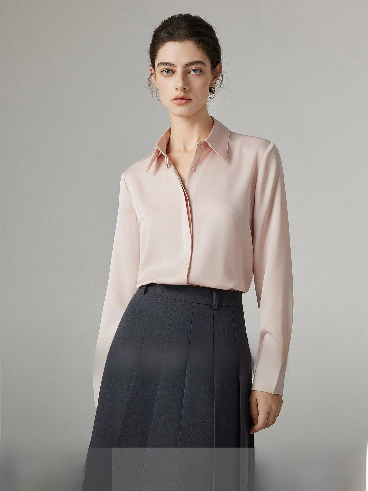 

Yake Home Fabric Upgrade Long Sleeve Shirt Women's Spring Autumn Commute Professional Shirt Dark Door Front Satin Sakura Pink