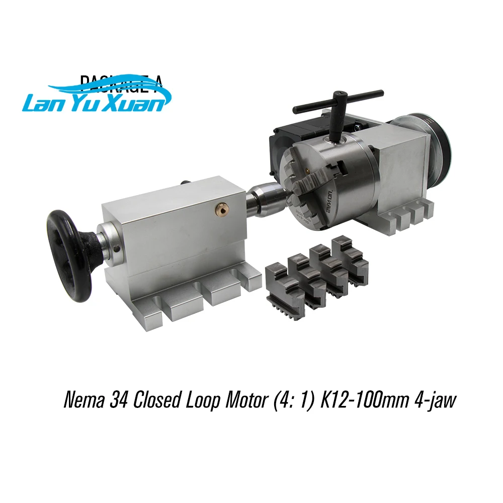 Nema 34 4.5N close loop motor (4:1) K12-100mm 4 Jaw Chuck 100mm CNC 4th axis A aixs rotary axis + Mt2 tailstock for cnc router