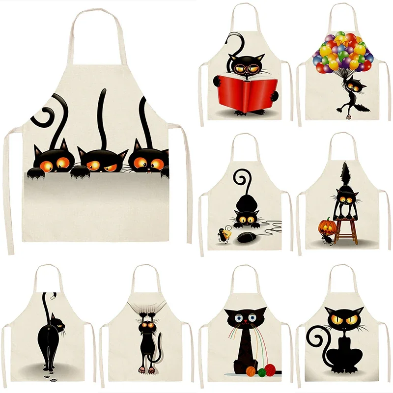 Black Cute Cat Pattern Kitchen Sleeveless Aprons Cotton Linen Bibs 53*65cm Household Women Cleaning Pinafore Home Cooking 46308