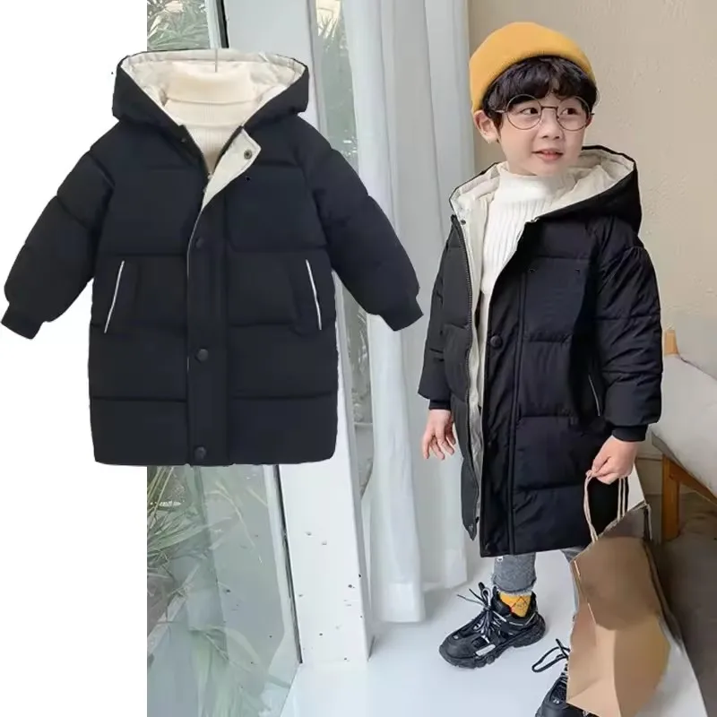 

Зимнее пуховое пальто для мальчиков, теплая куртка средней длины, детские утепленные парки с капюшоном, осенняя новая модная хлопковая одежда для девочек, От 2 до 10 лет