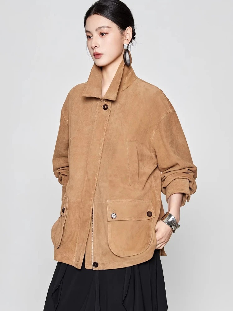 

Vintage Genuine Leather Cargo Jackets for Women Spring Autumn 2026 New High-end Simple Loose Casual Real Sheepskin Suede Coat