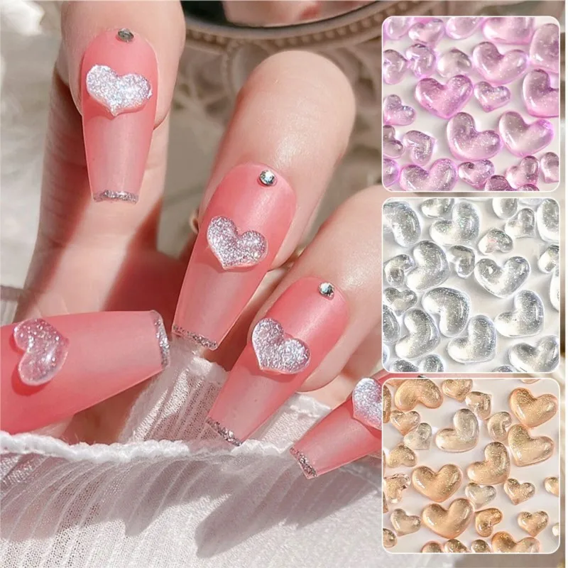 100Pcs/bag Love Heart Gems For Nail Art Rhinestone Pink Purple Blue Resin Nail Charms Valentine's Day DIY Nail Phone Case Decors