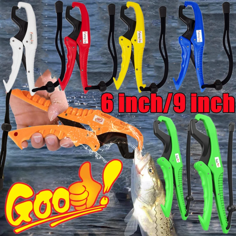 6-9インチプラスチック製フィッシュリップグリッパー、6色展開、釣り用プライヤーグリッパー、携帯用フローティングクランプグリップ、魚体ホルダー、釣りアクセサリー