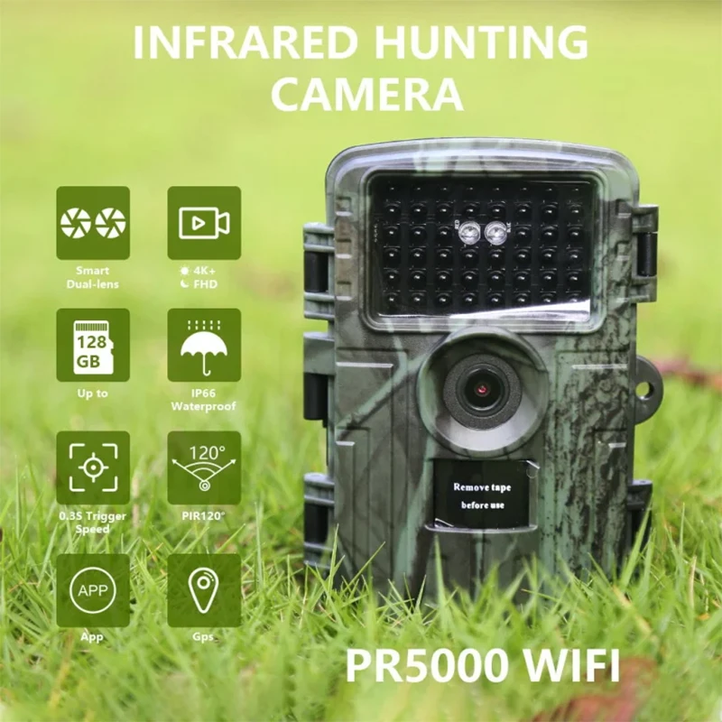 

Trail Camera PR5000, 4K WIFI Game Hunting Camera with Night Vision IP66 Waterproof 120°Wide Lens,0.2S Trigger Motion Activated