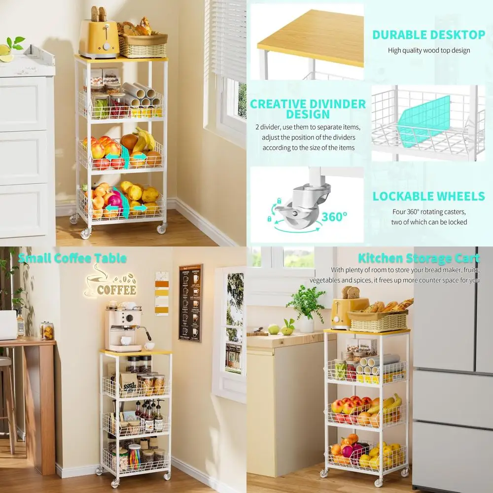 

4-уровневая передвижная кухонная тележка-органайзер с разделителями для фруктов, овощей и закусок, белая