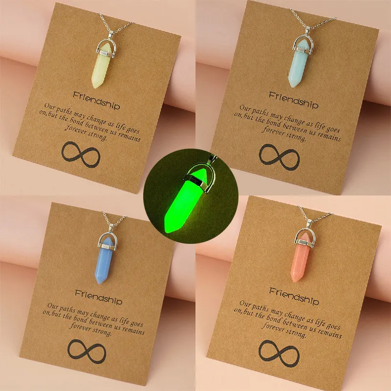 Dark Luminous Stone Fluorescent Hexagonal Column Necklace Natural Crystal Glowing in Dark Bullet Stone Pendant Chains Necklace
