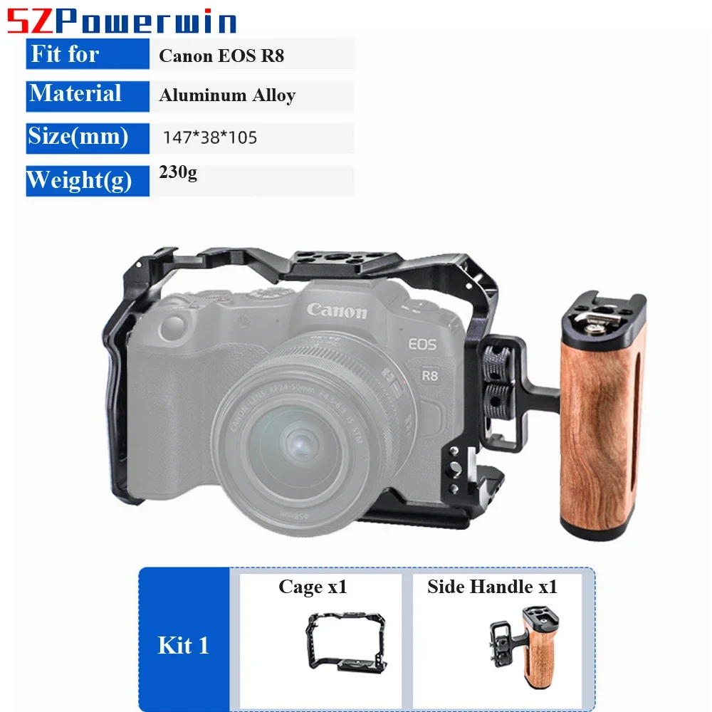 Powerwin Camera Cage For Canon EOS R8 with wooden Handgrid Handle Kit Aluminum Alloy Multifunctional Arri Locating Screw