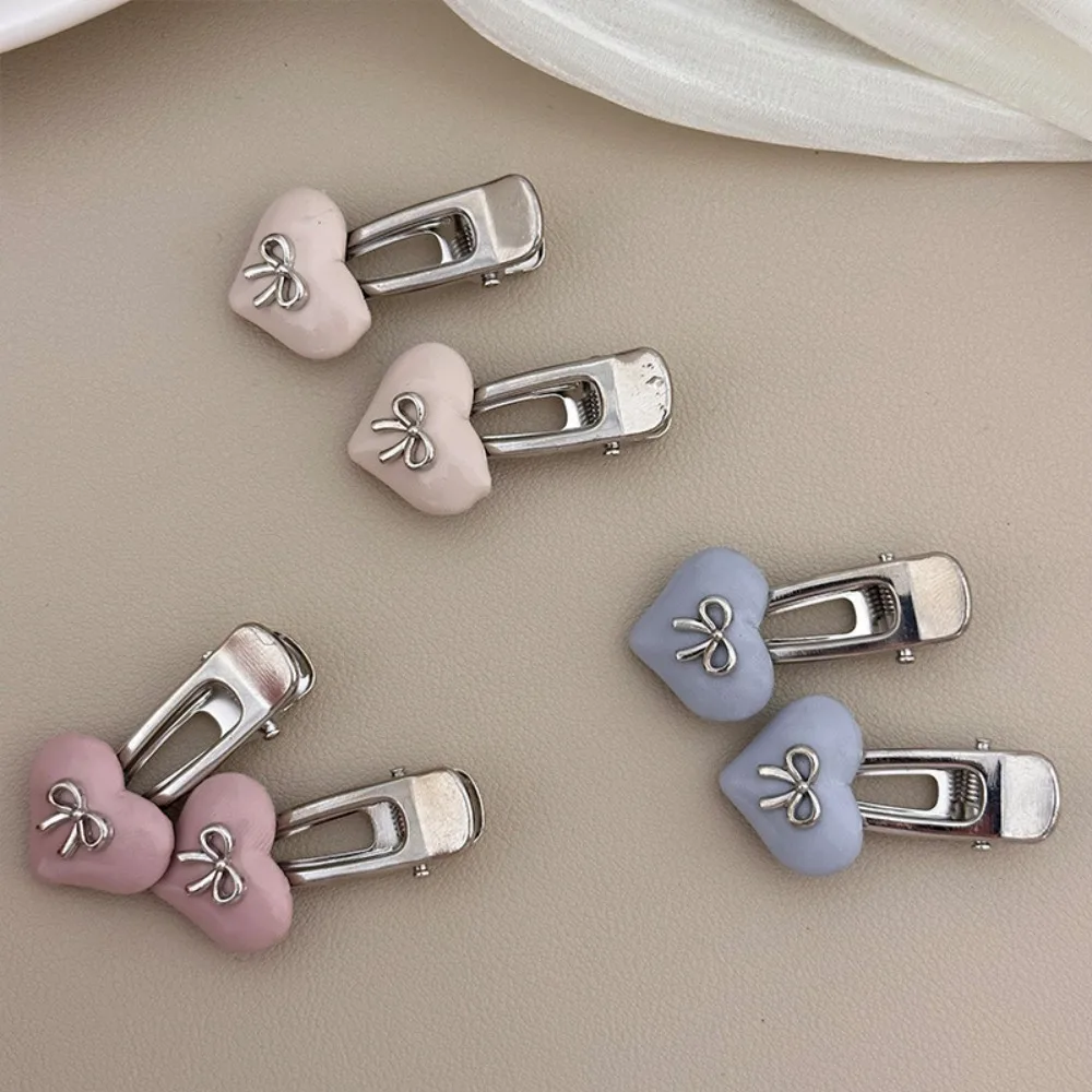 2pcs Mini Sweet Love Heart Hair Clip Korean Style Alloy Love Bow Hair Clip Side Clip Candy Color Duckbill Clip Girls