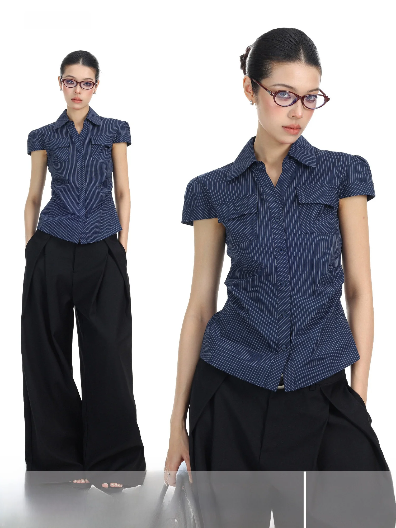 

Женская приталенная рубашка в клетку с коротким рукавом, воротником, в корейском стиле, с плиссированной талией, летний топ, повседневная полосатая блузка