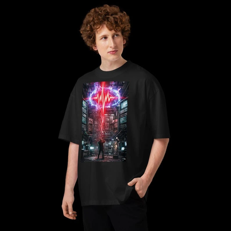 Server Room Heartbeat Alarm Oversized Streetwear Tee - Raw Human