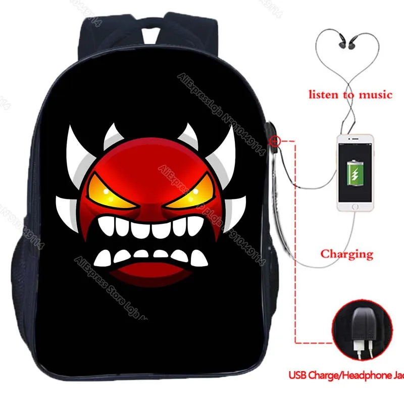 Angry Geometry Dash USB Backpacks for Girls Boys Students Anime Game School Bags Teens Travel Knapsacks Kids Cartoon Bookbags