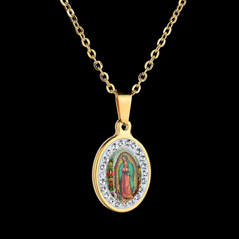 Spark Film Oval Virgin Virgin Mary Silence Drilling Necklace Gold Color Stainless Steel Chain Necklace For Women Jewelry Gift