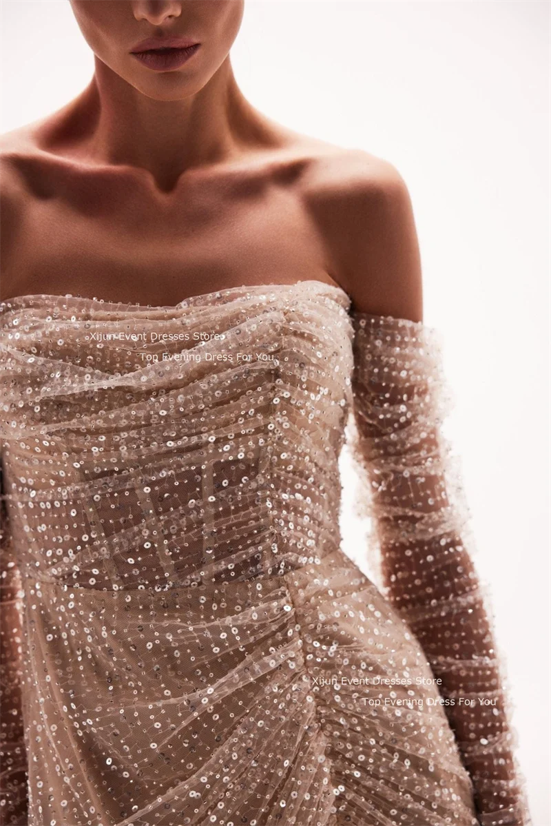 Xijun Nude Glitter Evening Dress Sequins Mermaid Celebrity Prom Dresses Party Dress Floor Length Side Slit Prom Gowns 2023Women