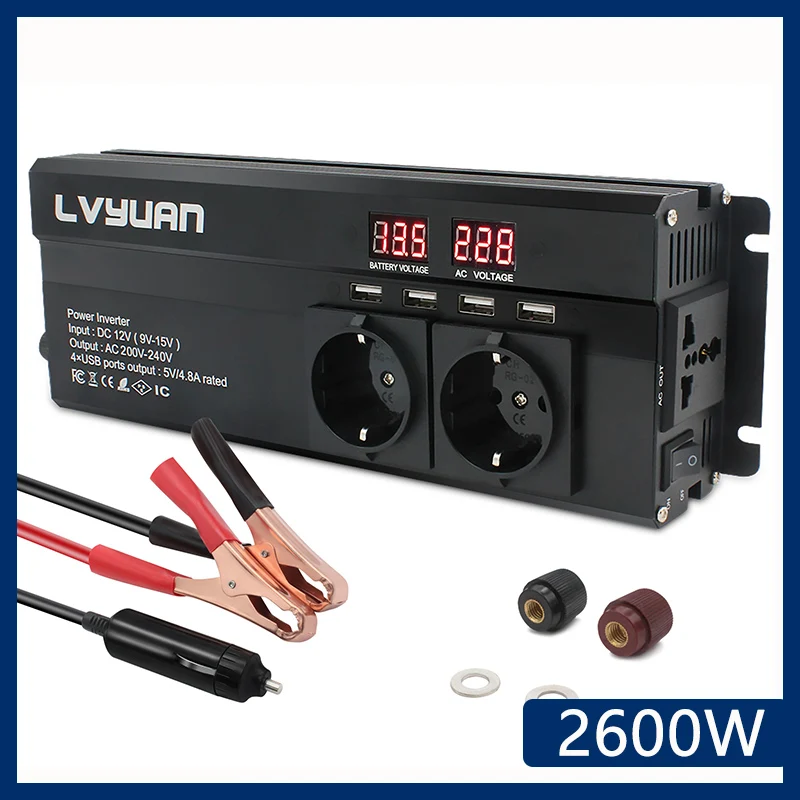 LVYUAN Car Inverter 2600W Power DC 12V/24V To AC 220V LED Display & 4USB Converter Charger Transformer EU/Universal Plug