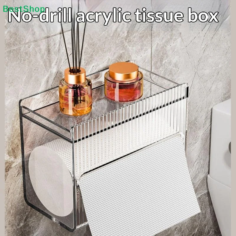 〔Y〕Clear Acrylic Wall Mounted Toilet Paper Holder With Top Phone Storage Shelf For Home Bathroom Organization