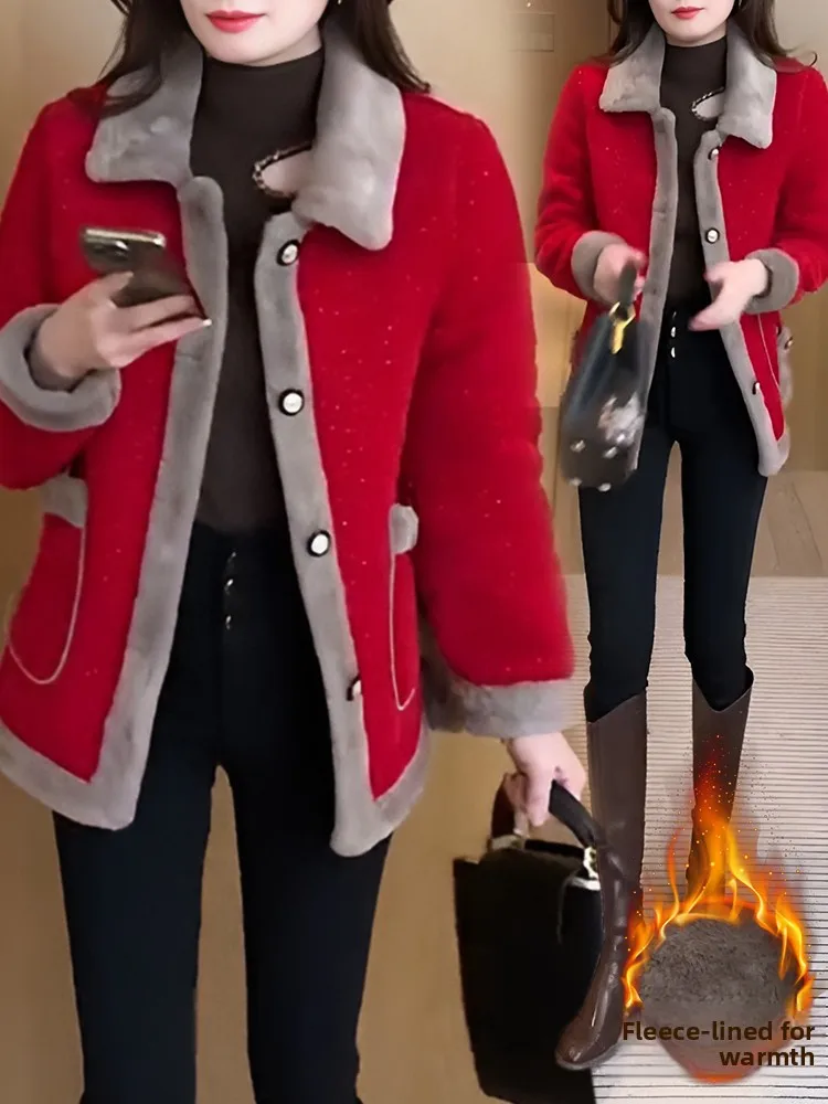 

Thickened Fleece Winter Coat Women's Fashionable Stylish Slimming Versatile Warm Woolen Jacket Commute Style Long Sleeve Butt...