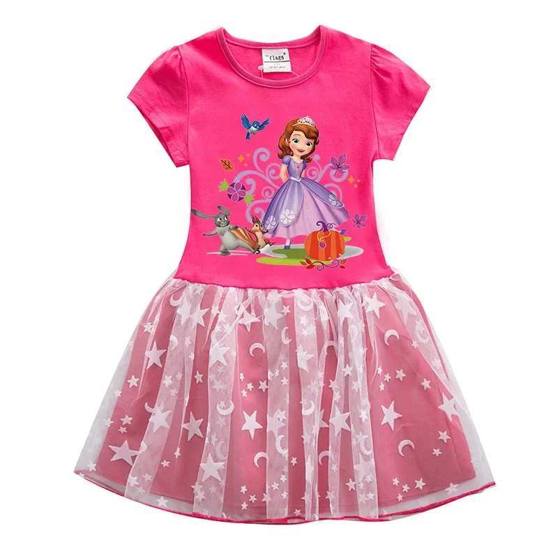 Disney Girls Dresses Princess Cartoon Sofia Print Summer Cotton Short Sleeve Dress Children Star Moon Lace Christmas Costumes