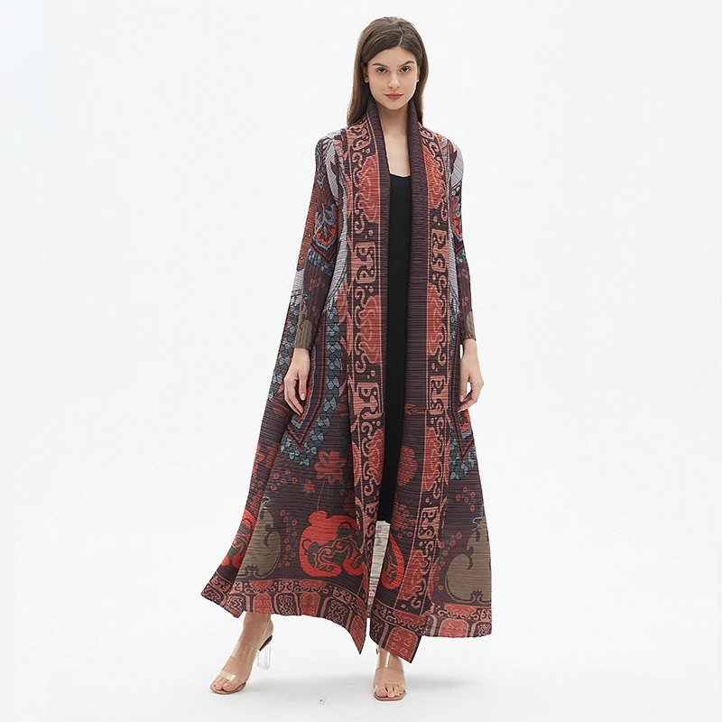 

ALSEY Pleated Classic Women's Long Gown Loose Plus Size Long Sleeve Tie Design Trench Vintage Printed Dress 2024 Summer