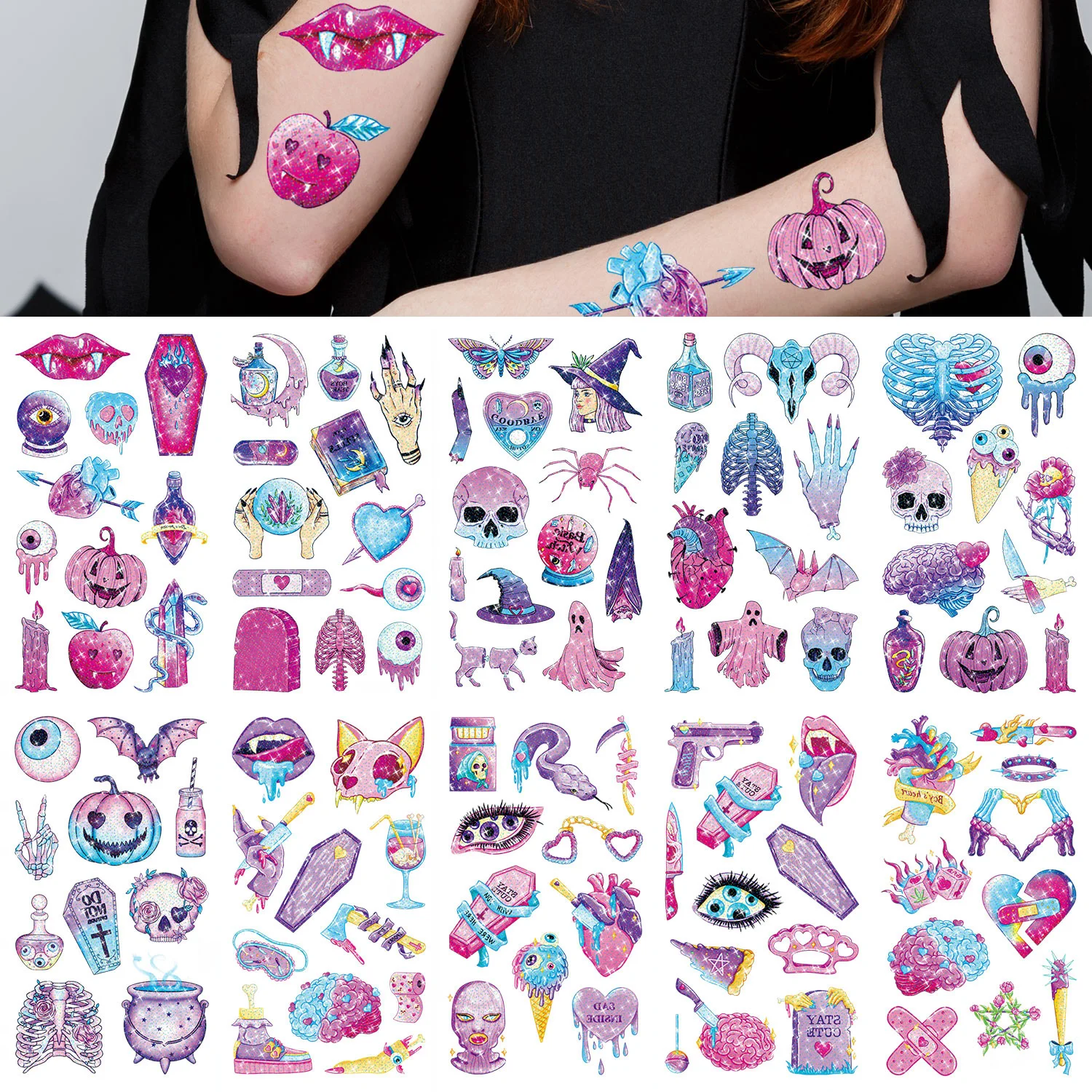 Glitter Temporary Tattoos 10 Sheets, Halloween Themed 107pcs Glowing Pumpkin Ghost Eyeball Heart Designs, Waterproof Tattoo