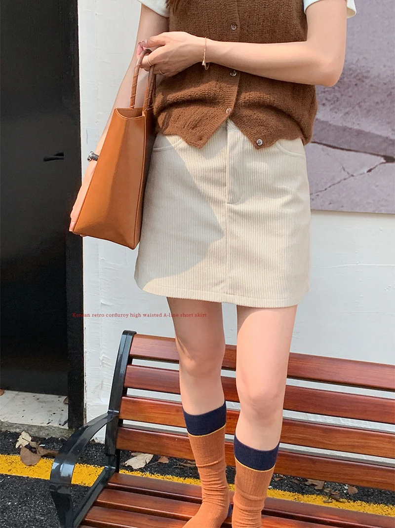Grundlegende Hohe Taille Cord Mini Rock Frauen Herbst Neue Vintage College A-linie Röcke Tasche Koreanische Abnehmen Alle-Spiel Kurzen rock – Detail 7