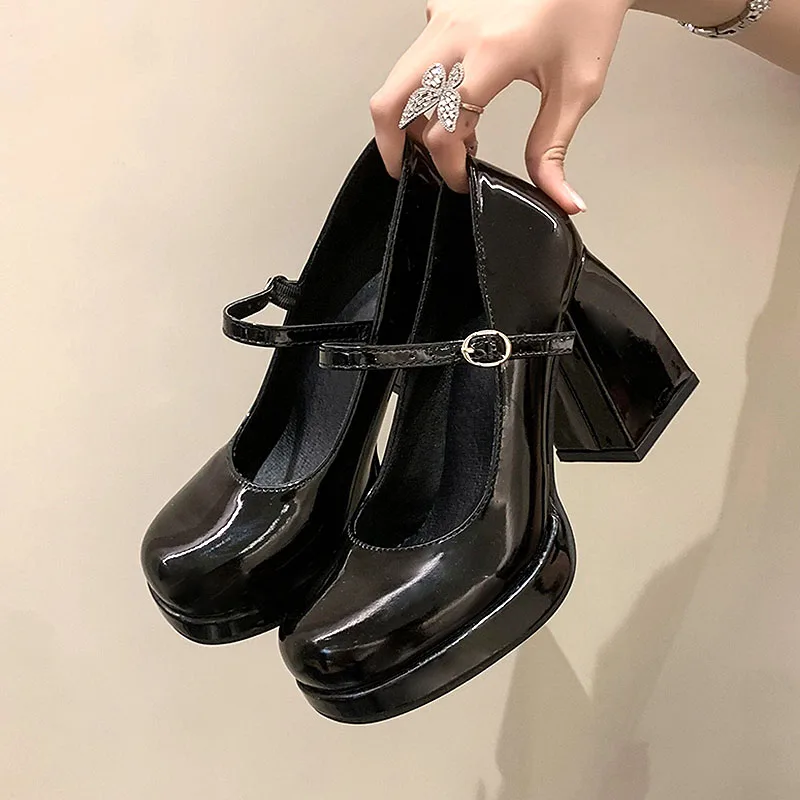 High Heels Platform Pumps Women 2024 Spring Pu Leather Ankle Buckle Mary Jane Shoes Woman Thick Heeled Goth black Lolita Shoes