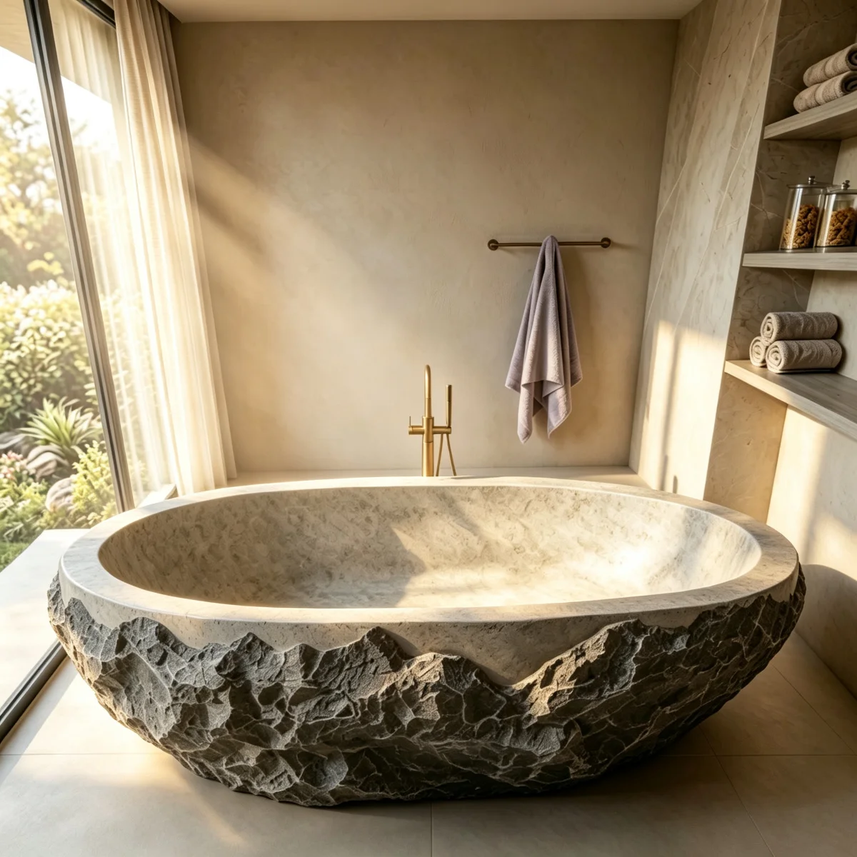 #￥Wholesale Modern Freestanding Natural Grey Stone Bathtub Antique Marble Soaker Tub for Outdoor and Indoor Villa Bathroom