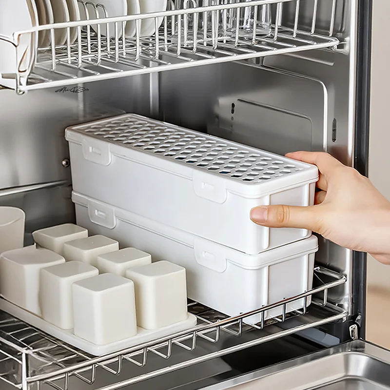 Plastic Dishwasher Tableware Cleaning Box with Chopstick Cage Spoon Drain Storage Rack - Kitchen Organizer Storage Basket Bag