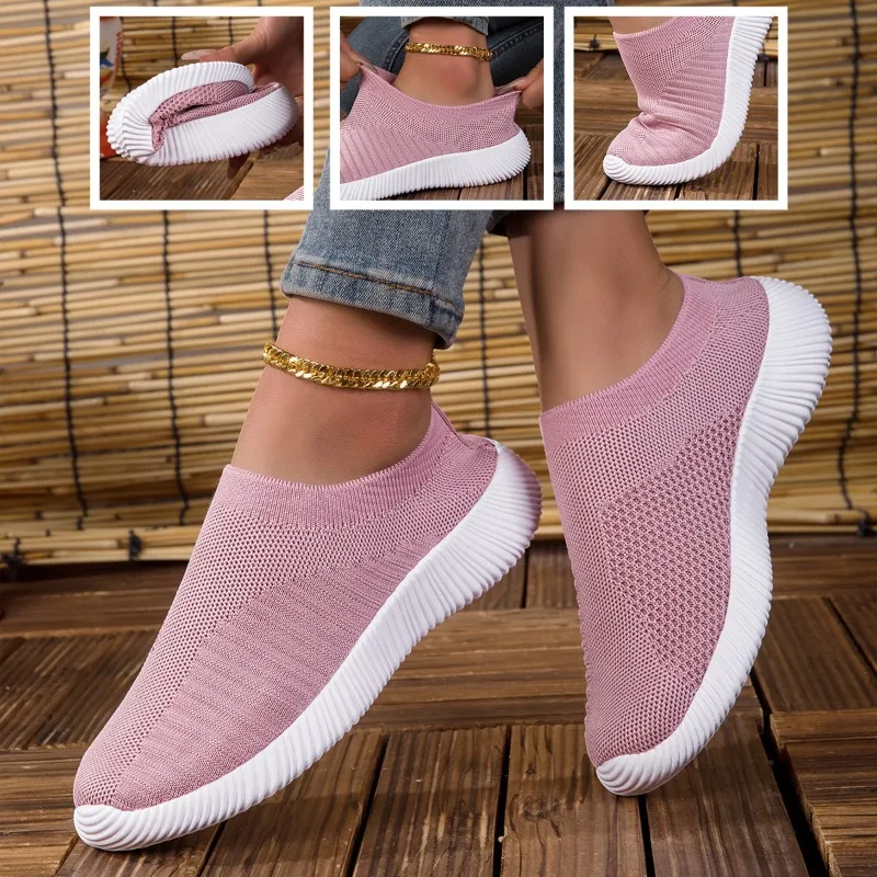 Baskets pour femmes respirantes en maille tricotée, confortables, plates, à lacets, tendance, décontractées, pour l'extérieur, course à pied 2026