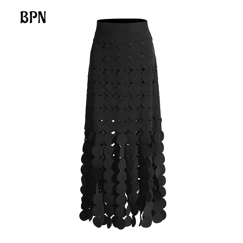 

BPN Solid Patchwork Dots Temperament Long Skirt For Women High Waist Spliced Zipper Hollow Out Elegant Skirts Female Fashion New