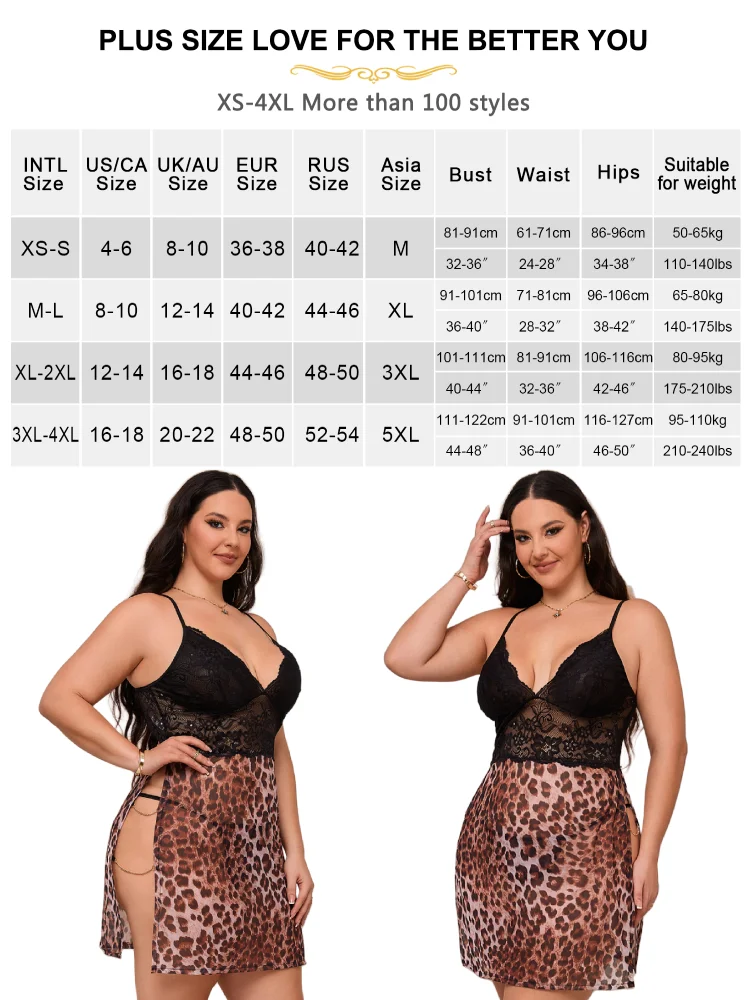 Comeondear See Through Mesh Nightgown Floral Leopard Splicing Sleepwear Set Sexy Lace Pajama Skirt Plus Size Nightdress Lingerie