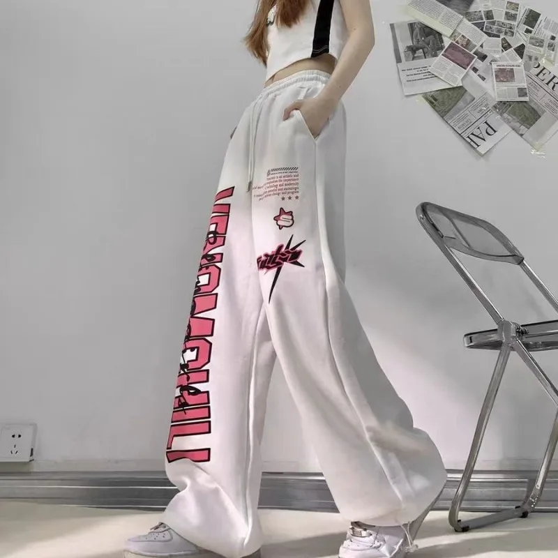 Hip-Hop-Streetwear-Hose für Damen mit USA-Herz-Buchstaben-Print, sommerliches, trendiges Design, Vintage-Stil, hohe Taille, weites Bein, lässige Hose zum Tanzen – Detail 7