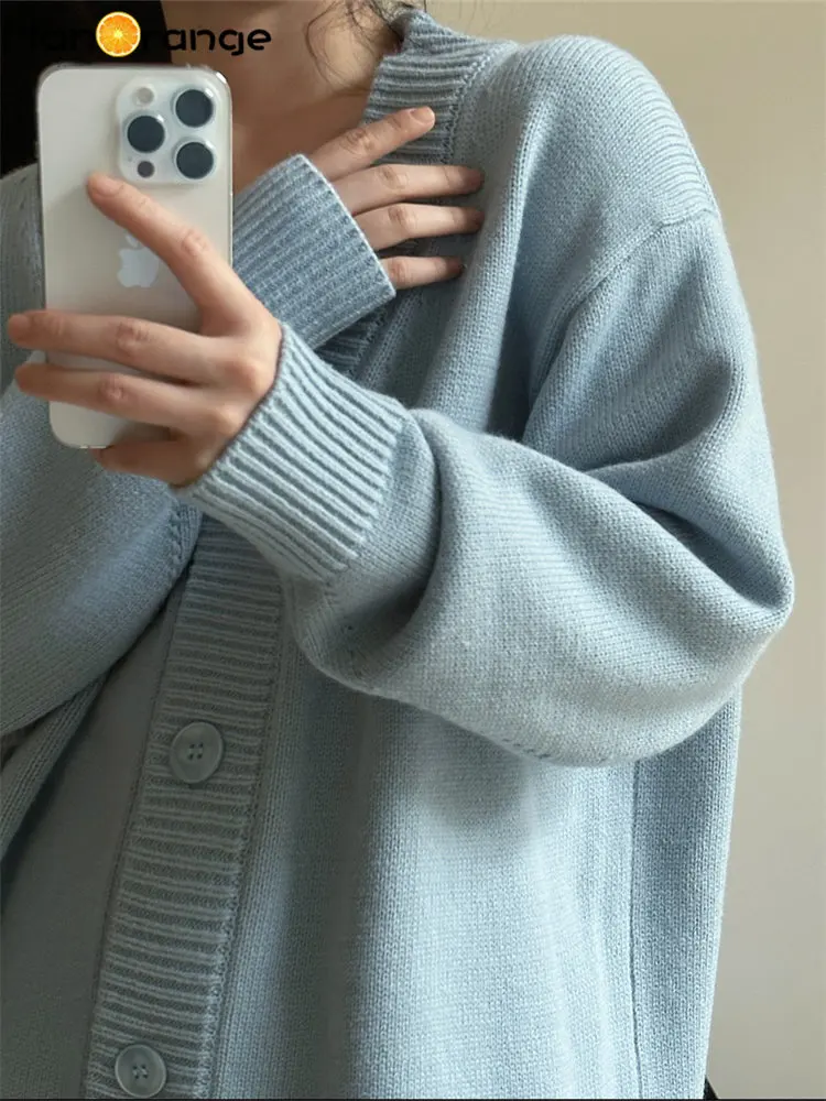 HanOrange 2024 Spring Fashion Lazy Wool V-neck Sweater Women Cardigan Warm Fluffy Knitted Jacket Light Blue/Pink Purple