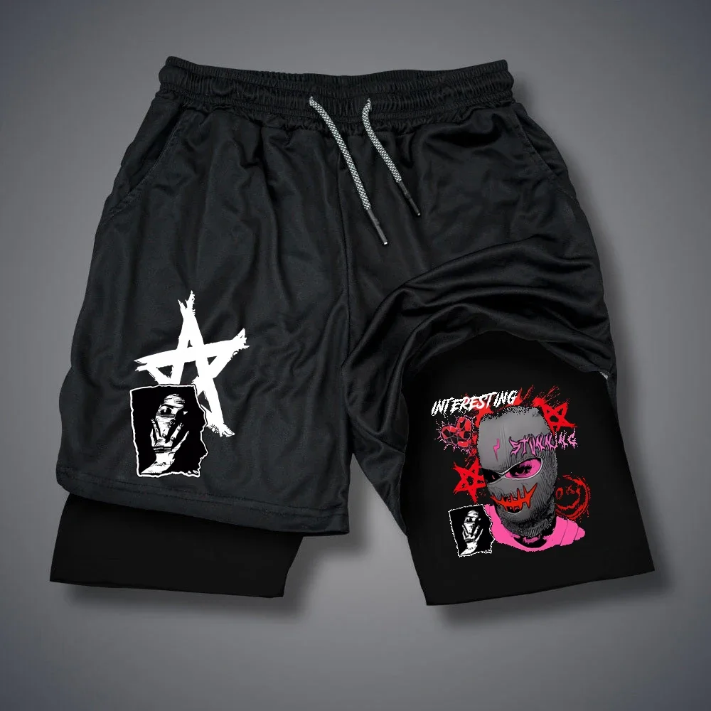 メンズスタープリントコンプレッションショーツ、ランニングパンツ、速乾性、タオルポケット付きジョギング、フィットネススポーツウェア、2 in1