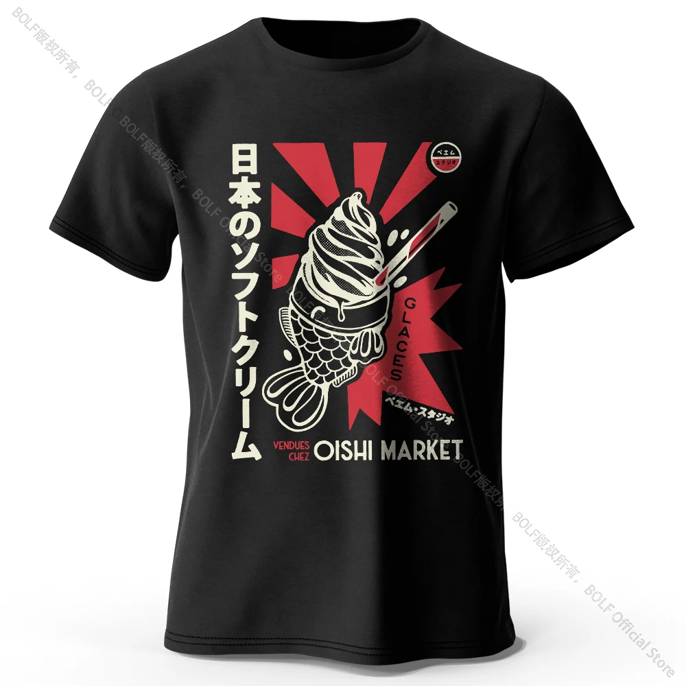 T-Shirt aus 100 % Baumwolle mit japanischem Foodie-Print, weiches und atmungsaktives Rundhals-Kurzarm-T-Shirt, süßer und kultureller Unisex-Stil