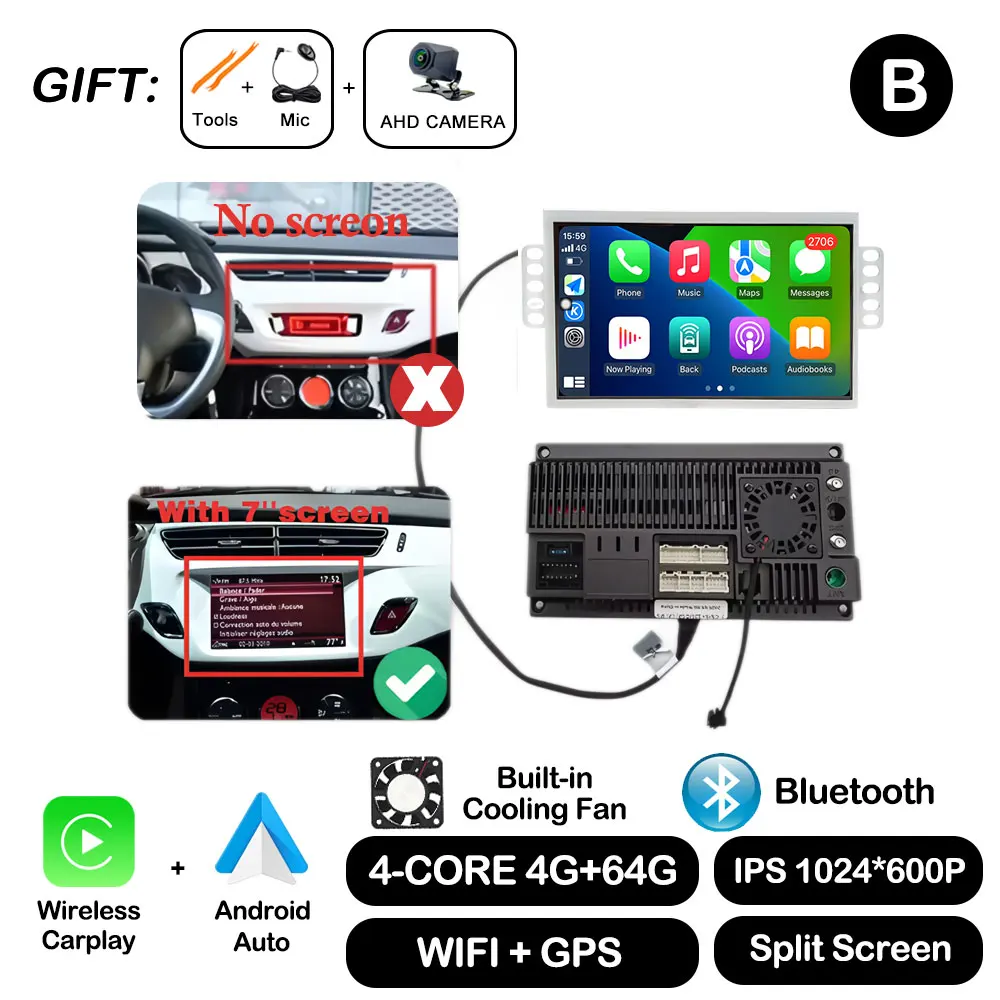 7 "Android Auto Voor Citroen C3 DS3 Autoradio Multimedia Speler Monitor Stereo Navigatie GPS BT Draadloze Carplay Touchscreen